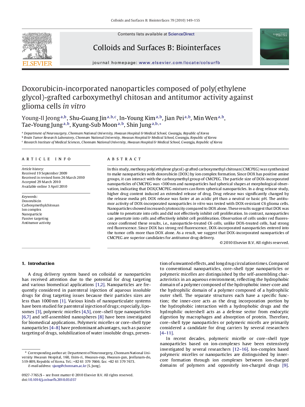 عکس صفحه اول مقاله: Doxorubicin-incorporated nanoparticles composed of poly(ethylene glycol)-grafted carboxymethyl chitosan and antitumor activity against glioma cells in vitro Doxorubicin-incorporated nanoparticles composed of poly(ethylene glycol)-grafted carboxymethyl chitosan and antitumor activity against glioma cells in vitro