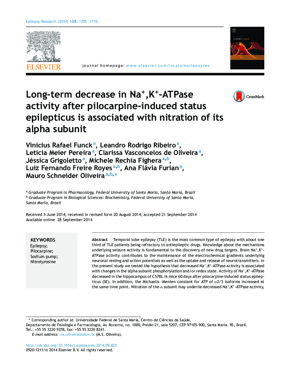 Long-term decrease in Na+,K+-ATPase activity after pilocarpine-induced status epilepticus is associated with nitration of its alpha subunit