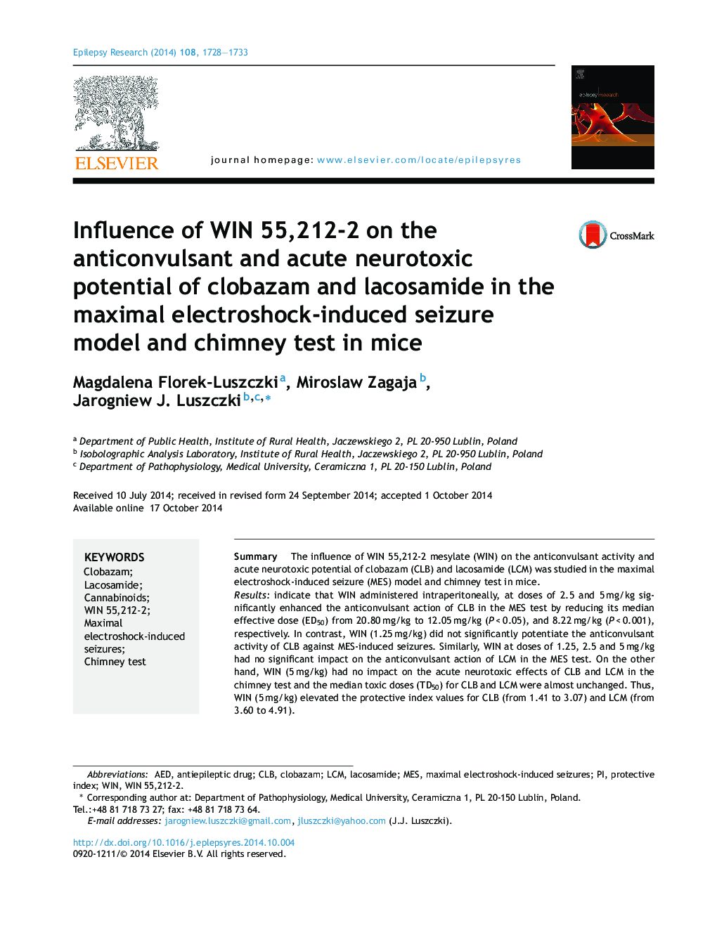 Influence of WIN 55,212-2 on the anticonvulsant and acute neurotoxic potential of clobazam and lacosamide in the maximal electroshock-induced seizure model and chimney test in mice