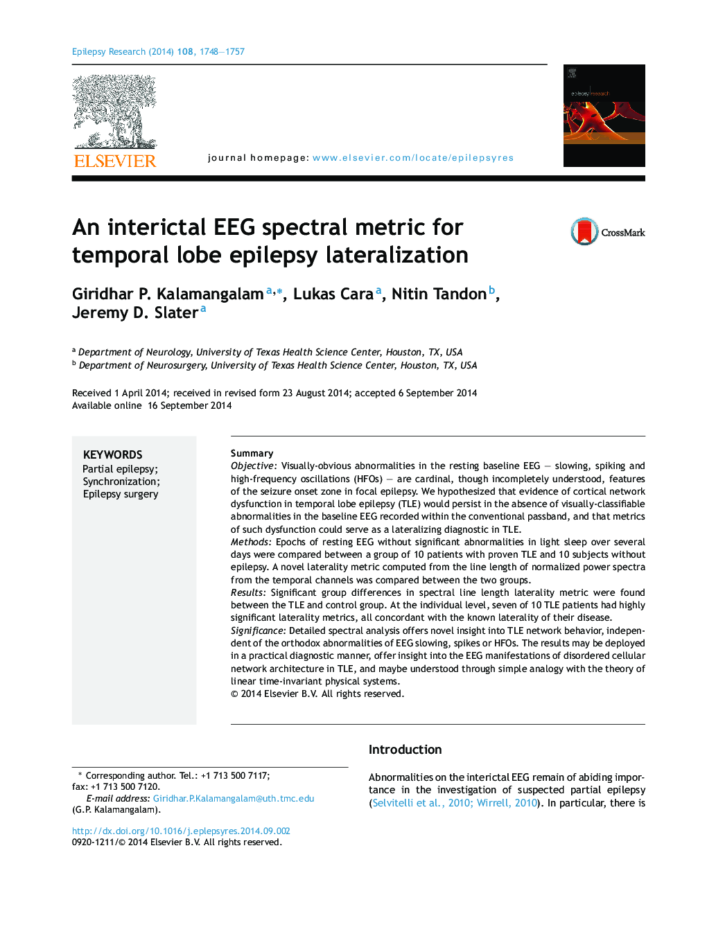 An interictal EEG spectral metric for temporal lobe epilepsy lateralization