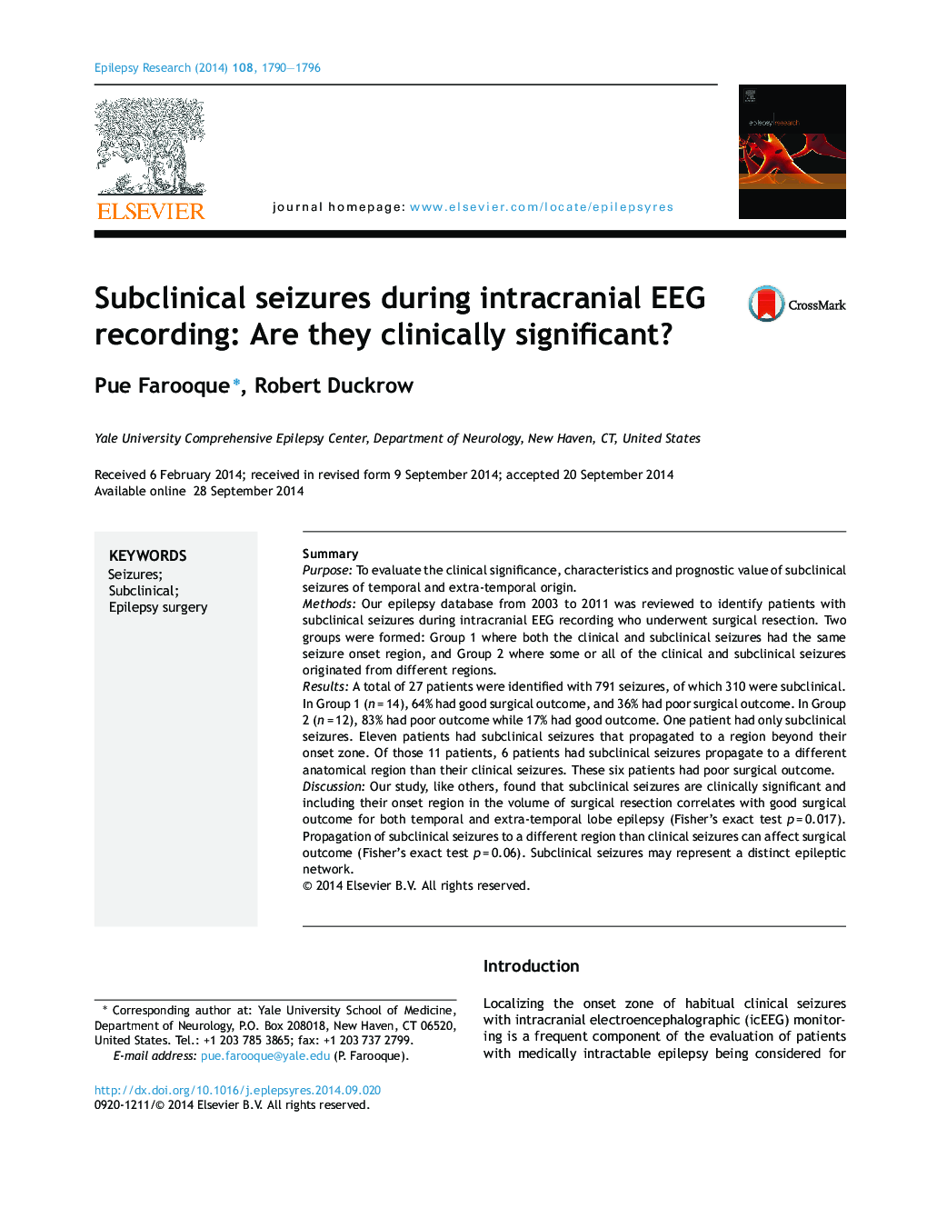 Subclinical seizures during intracranial EEG recording: Are they clinically significant?