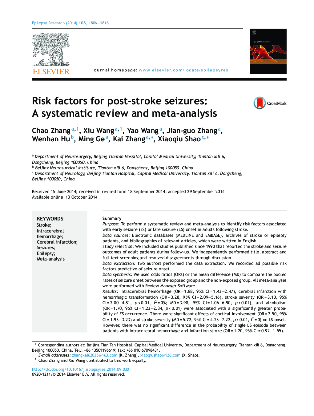 Risk factors for post-stroke seizures: A systematic review and meta-analysis