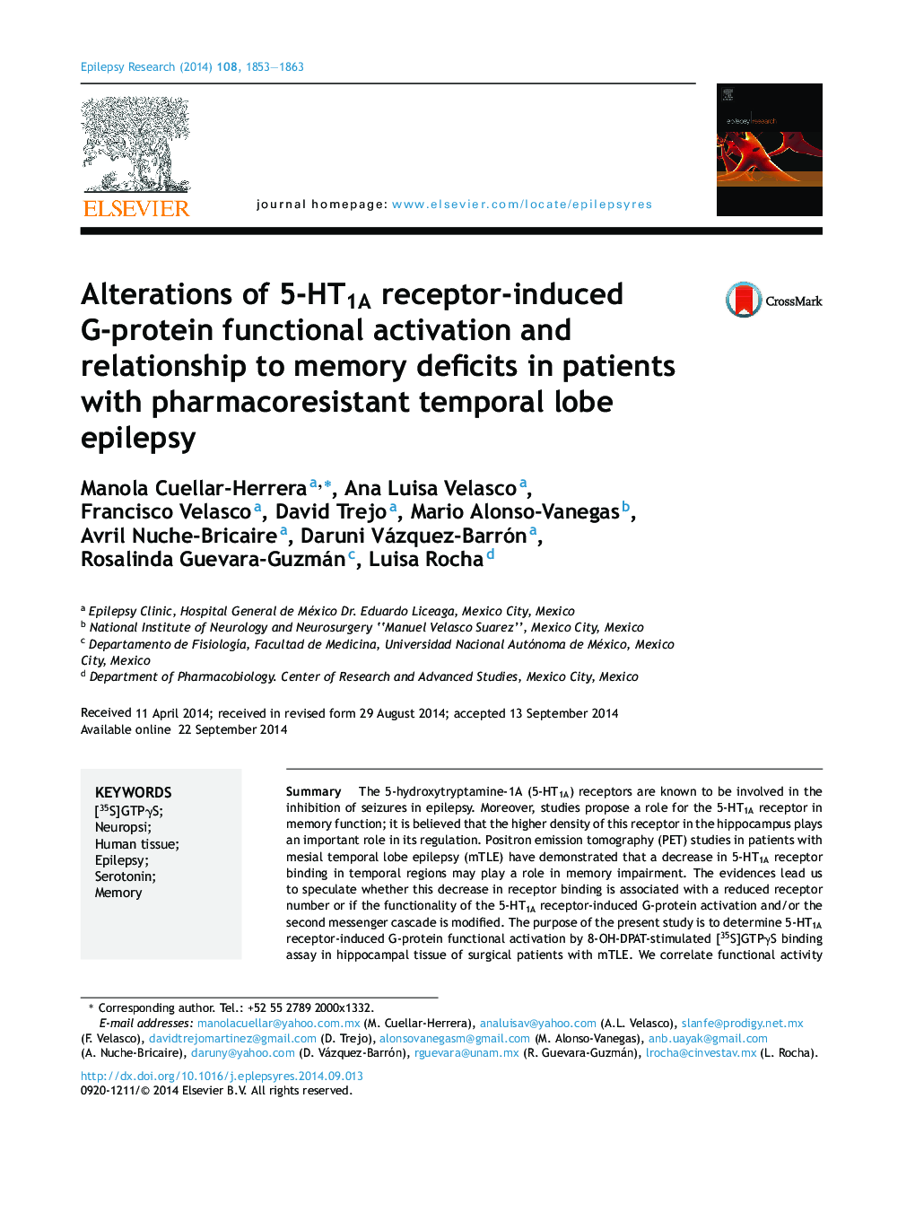 Alterations of 5-HT1A receptor-induced G-protein functional activation and relationship to memory deficits in patients with pharmacoresistant temporal lobe epilepsy