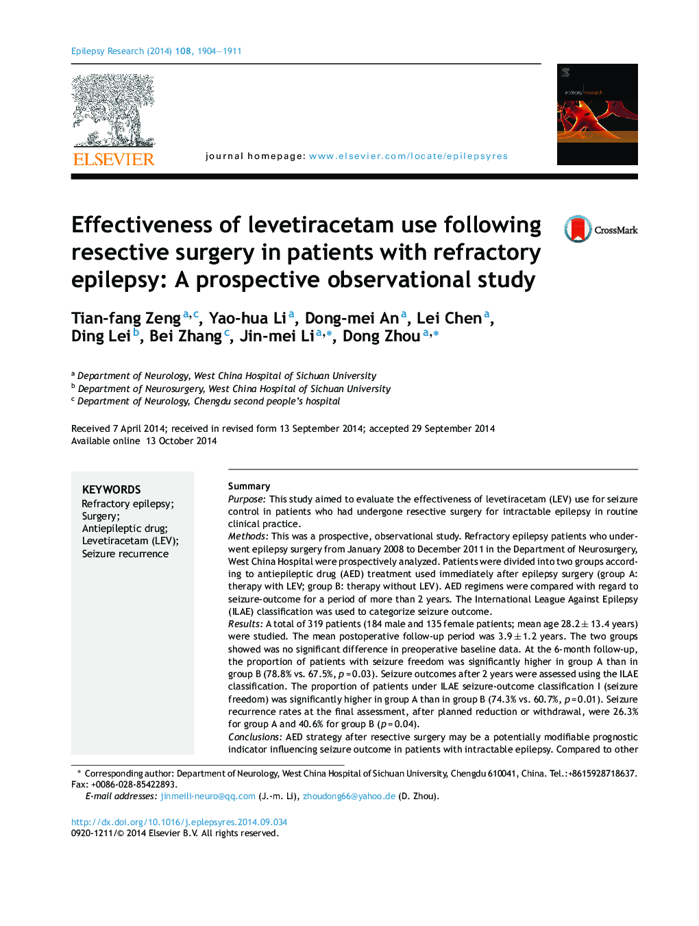 Effectiveness of levetiracetam use following resective surgery in patients with refractory epilepsy: A prospective observational study