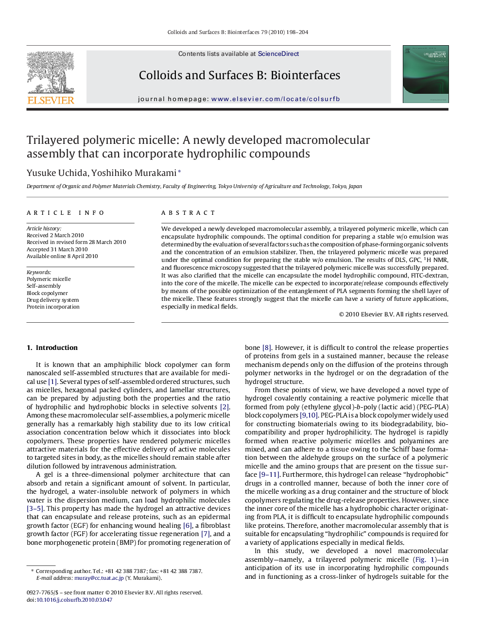 عکس صفحه اول مقاله: Trilayered polymeric micelle: A newly developed macromolecular assembly that can incorporate hydrophilic compounds Trilayered polymeric micelle: A newly developed macromolecular assembly that can incorporate hydrophilic compounds
