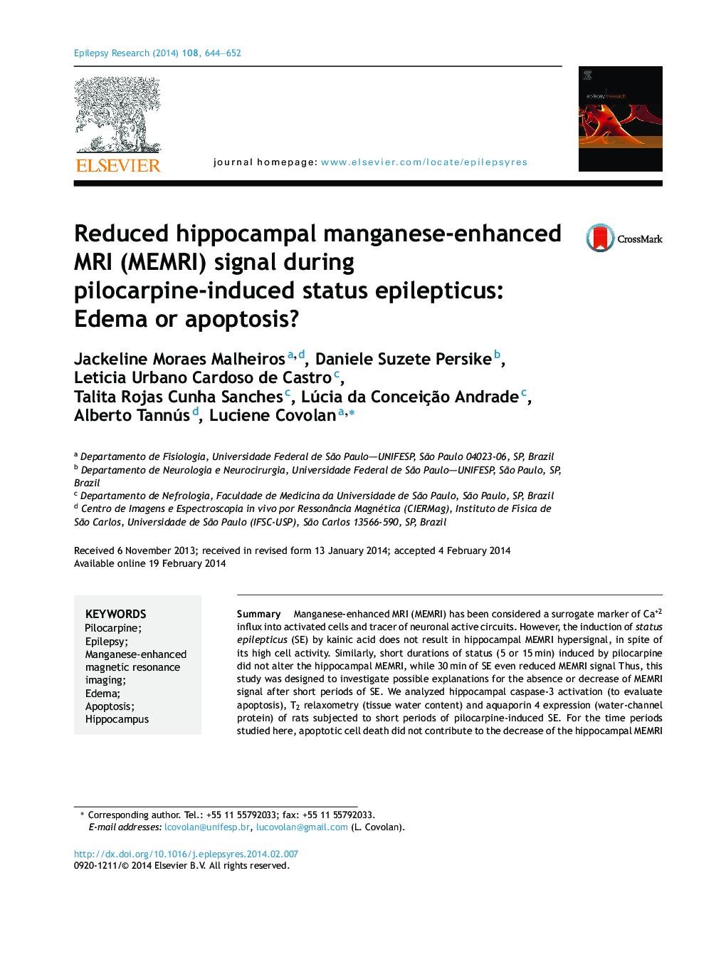 Reduced hippocampal manganese-enhanced MRI (MEMRI) signal during pilocarpine-induced status epilepticus: Edema or apoptosis?