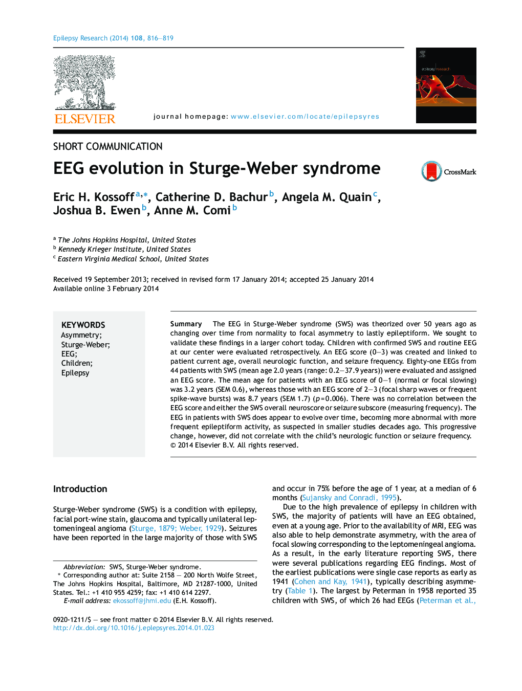 Short communicationEEG evolution in Sturge-Weber syndrome