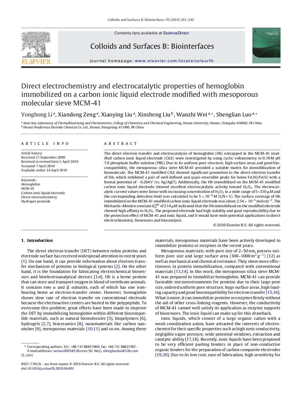 Direct electrochemistry and electrocatalytic properties of hemoglobin immobilized on a carbon ionic liquid electrode modified with mesoporous molecular sieve MCM-41