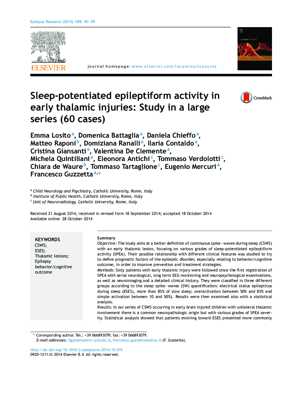 Sleep-potentiated epileptiform activity in early thalamic injuries: Study in a large series (60 cases)