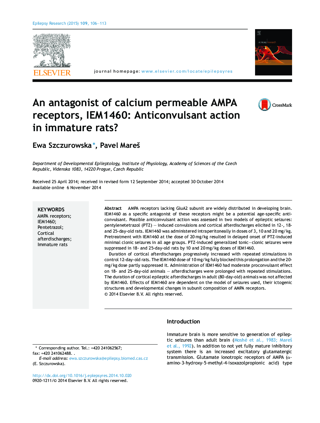 An antagonist of calcium permeable AMPA receptors, IEM1460: Anticonvulsant action in immature rats?