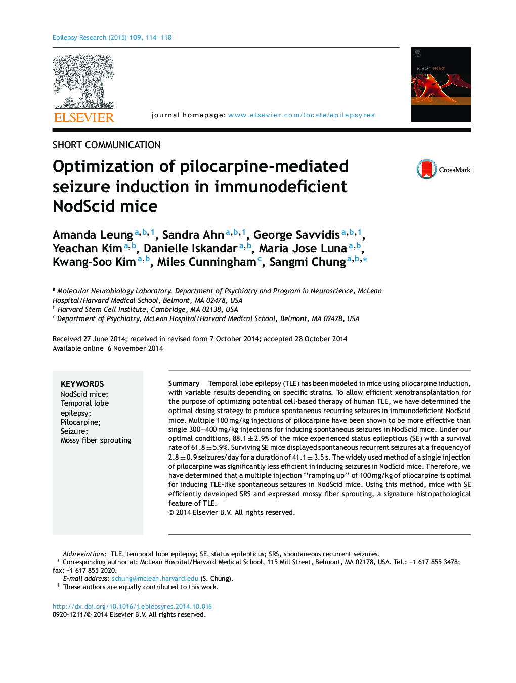 Short communicationOptimization of pilocarpine-mediated seizure induction in immunodeficient NodScid mice