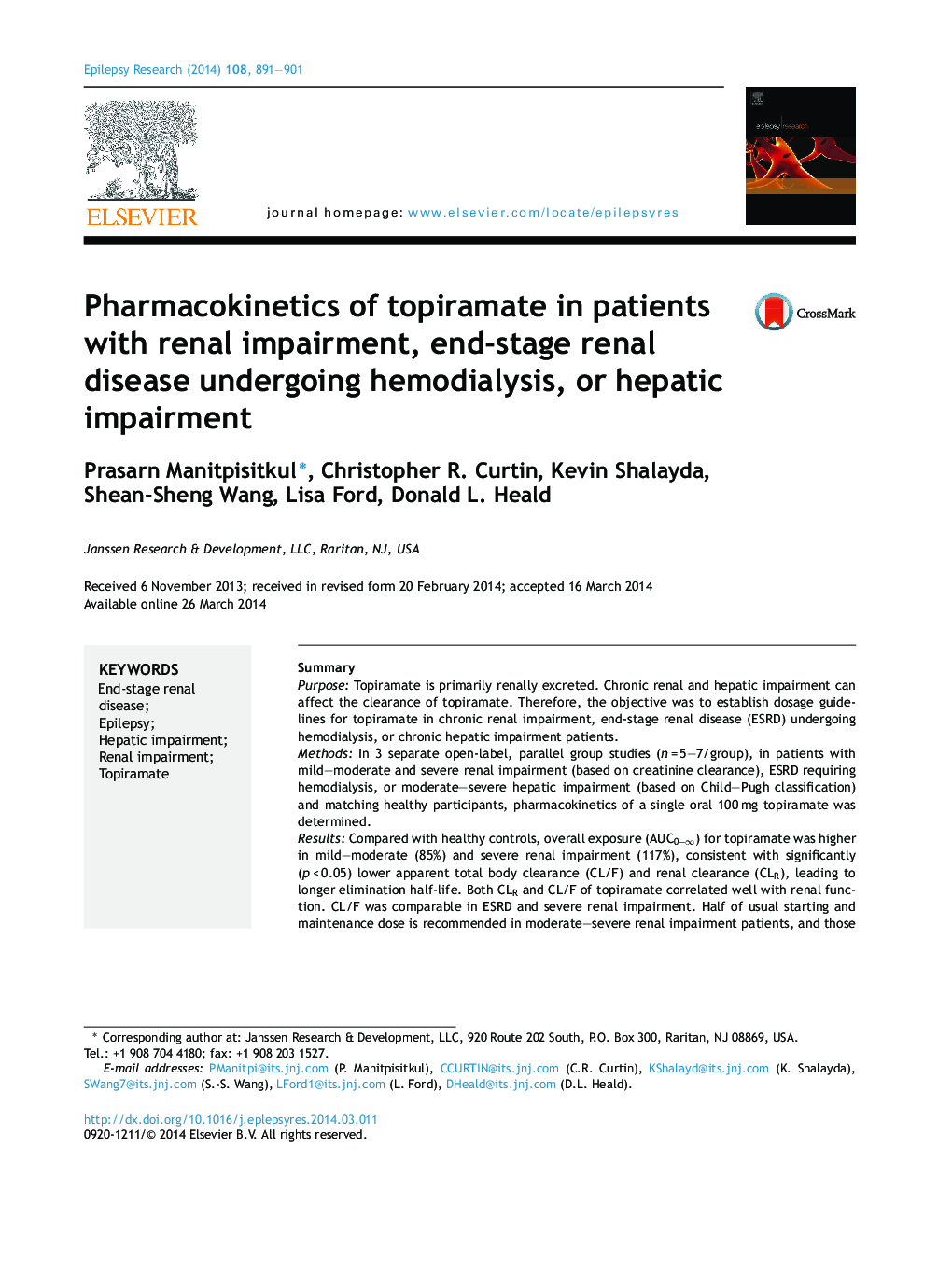 Pharmacokinetics of topiramate in patients with renal impairment, end-stage renal disease undergoing hemodialysis, or hepatic impairment