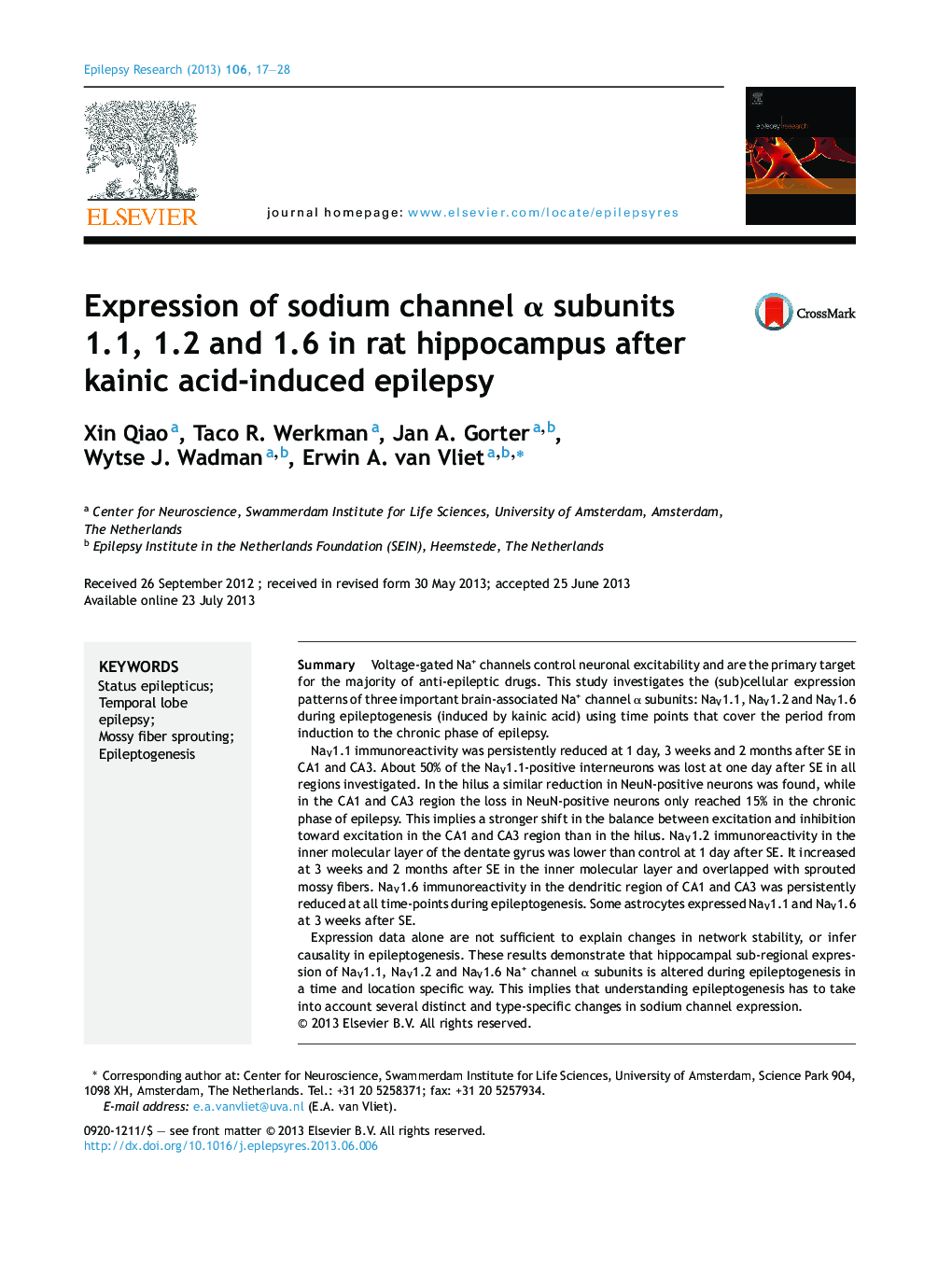 Expression of sodium channel Î± subunits 1.1, 1.2 and 1.6 in rat hippocampus after kainic acid-induced epilepsy