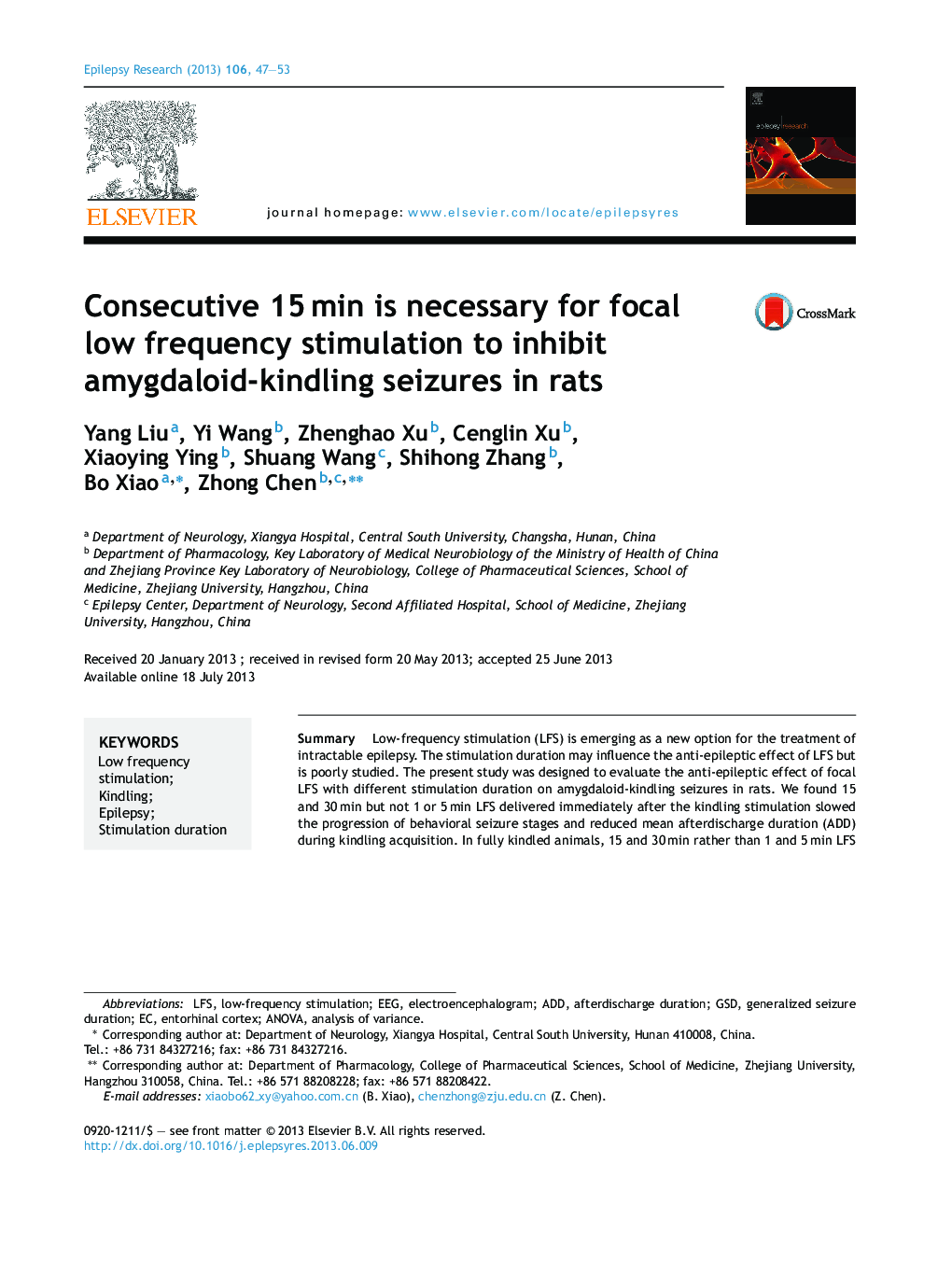 Consecutive 15Â min is necessary for focal low frequency stimulation to inhibit amygdaloid-kindling seizures in rats