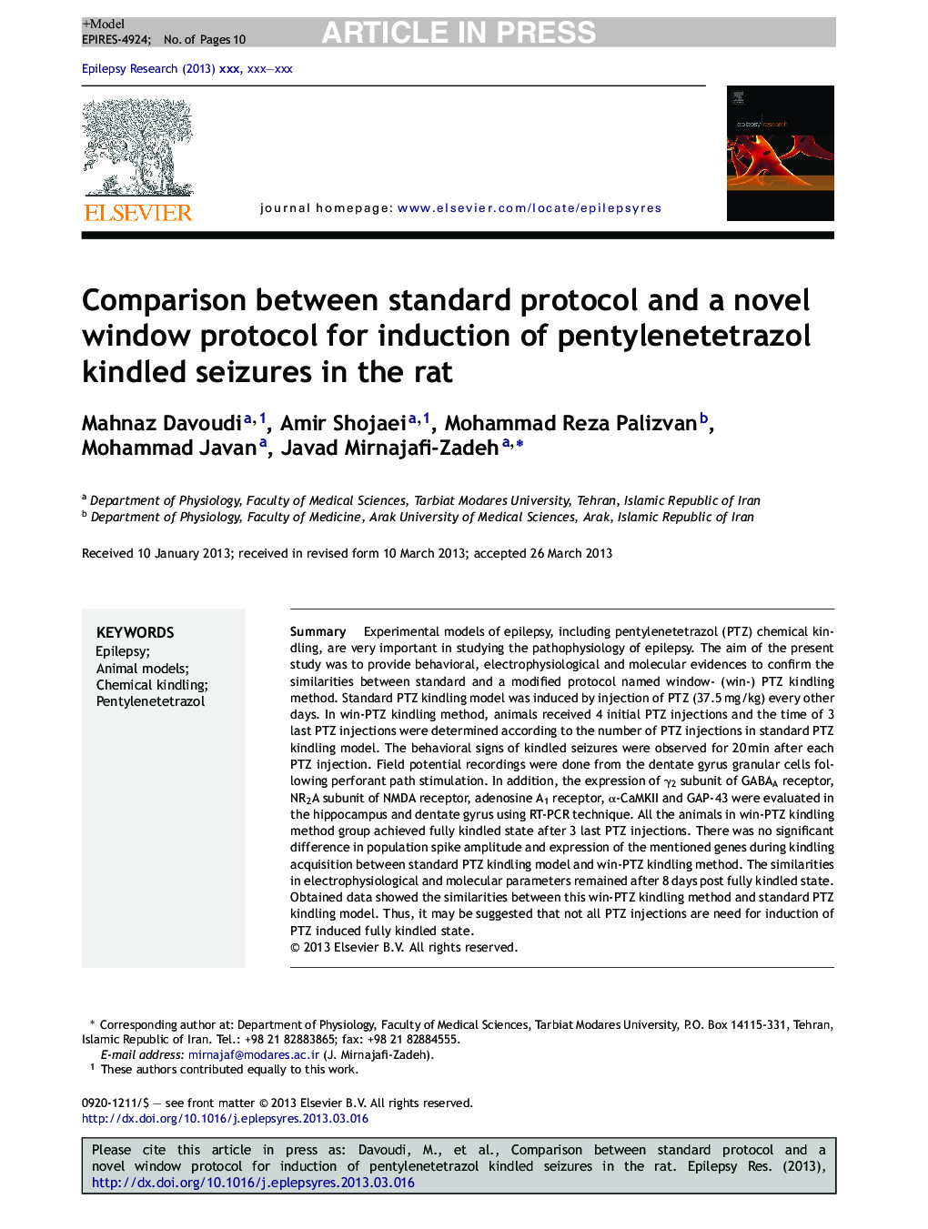 مقایسه پروتکل استاندارد و پروتکل جدید پنجره ای برای القاء تشنج های پاتیلن تترازول در موش صحرایی 