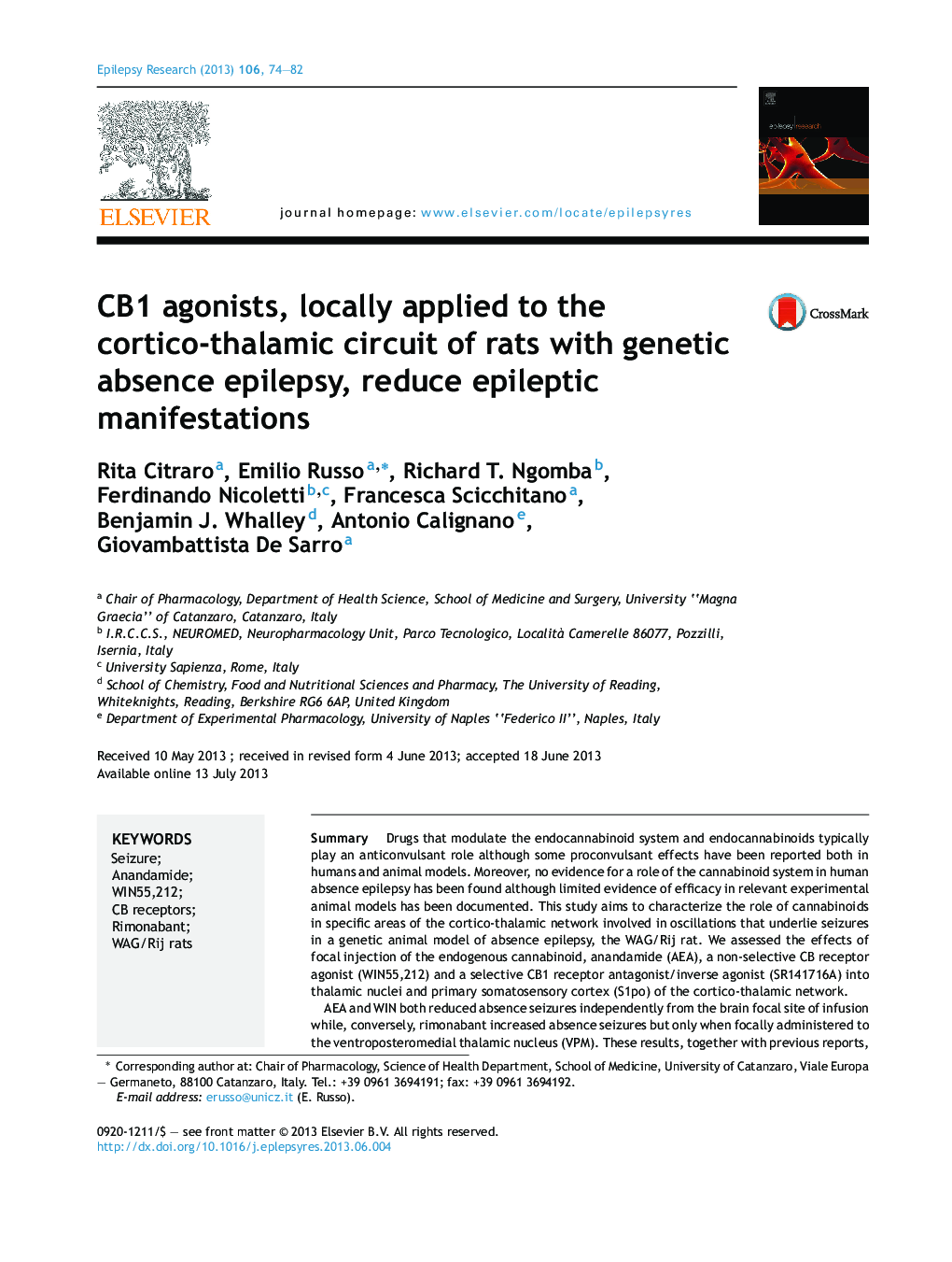 CB1 agonists, locally applied to the cortico-thalamic circuit of rats with genetic absence epilepsy, reduce epileptic manifestations