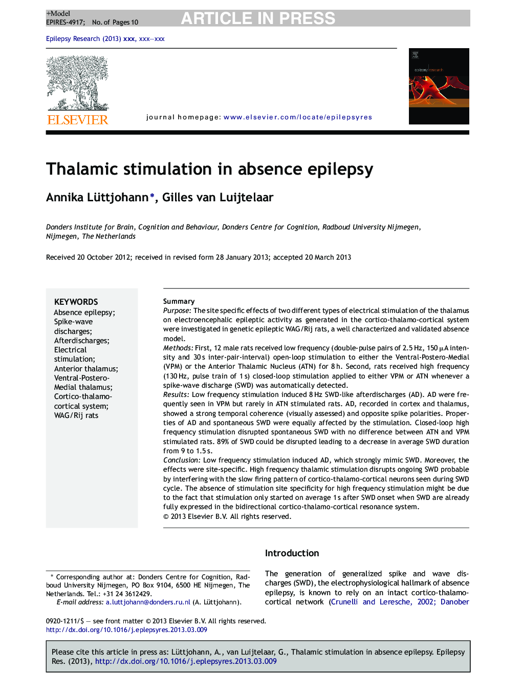 Thalamic stimulation in absence epilepsy