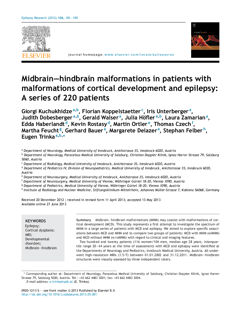 Midbrain-hindbrain malformations in patients with malformations of cortical development and epilepsy: A series of 220 patients