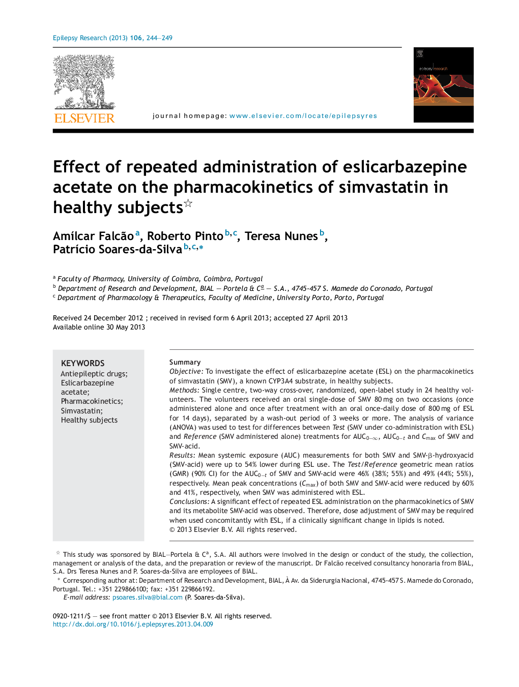 Effect of repeated administration of eslicarbazepine acetate on the pharmacokinetics of simvastatin in healthy subjects