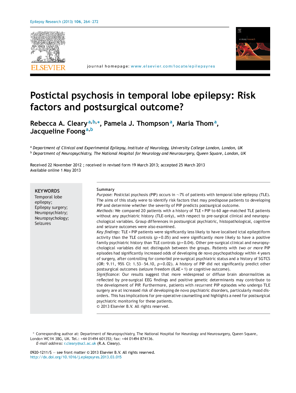 Postictal psychosis in temporal lobe epilepsy: Risk factors and postsurgical outcome?