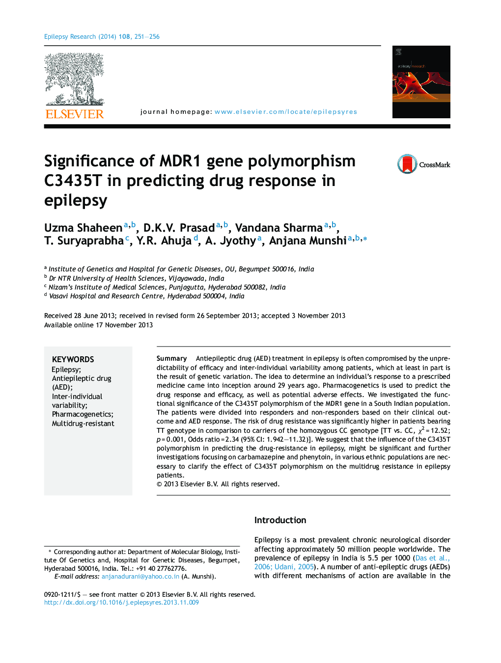 Significance of MDR1 gene polymorphism C3435T in predicting drug response in epilepsy