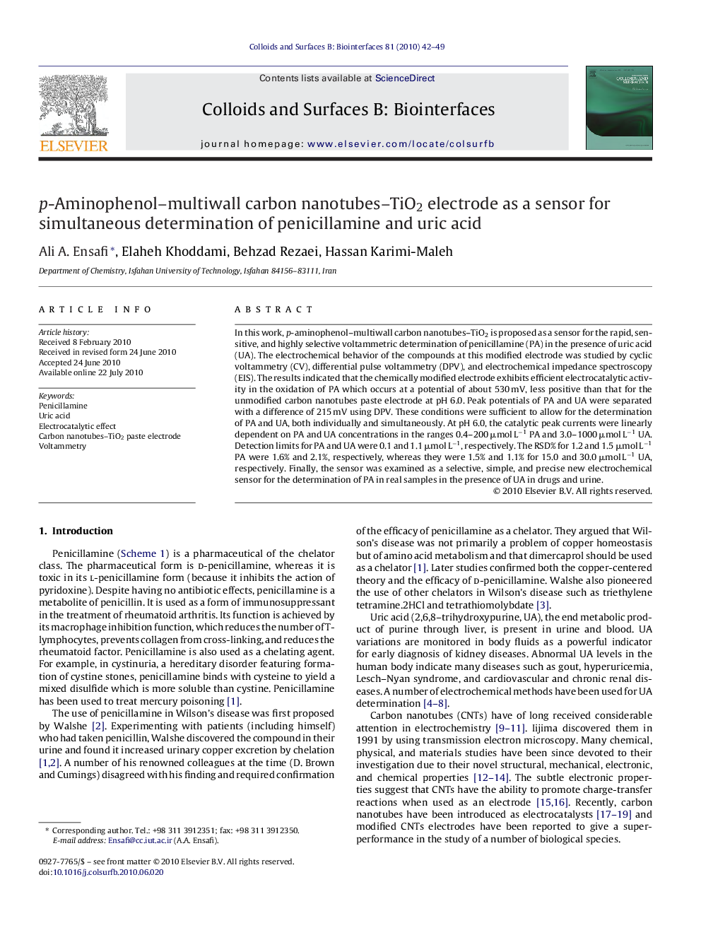 p-Aminophenol–multiwall carbon nanotubes–TiO2 electrode as a sensor for simultaneous determination of penicillamine and uric acid