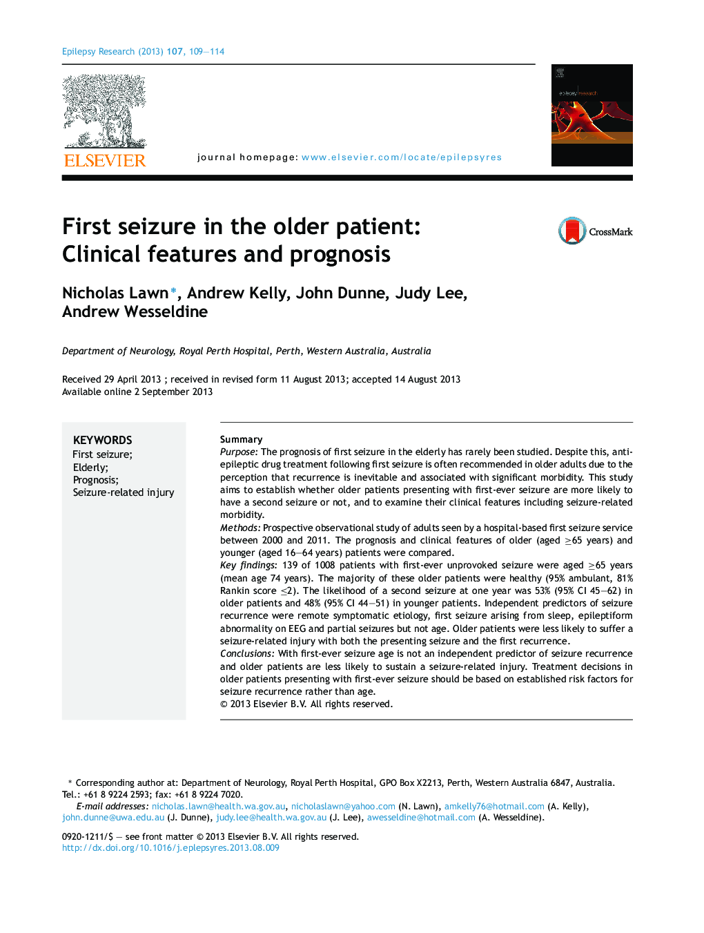 First seizure in the older patient: Clinical features and prognosis