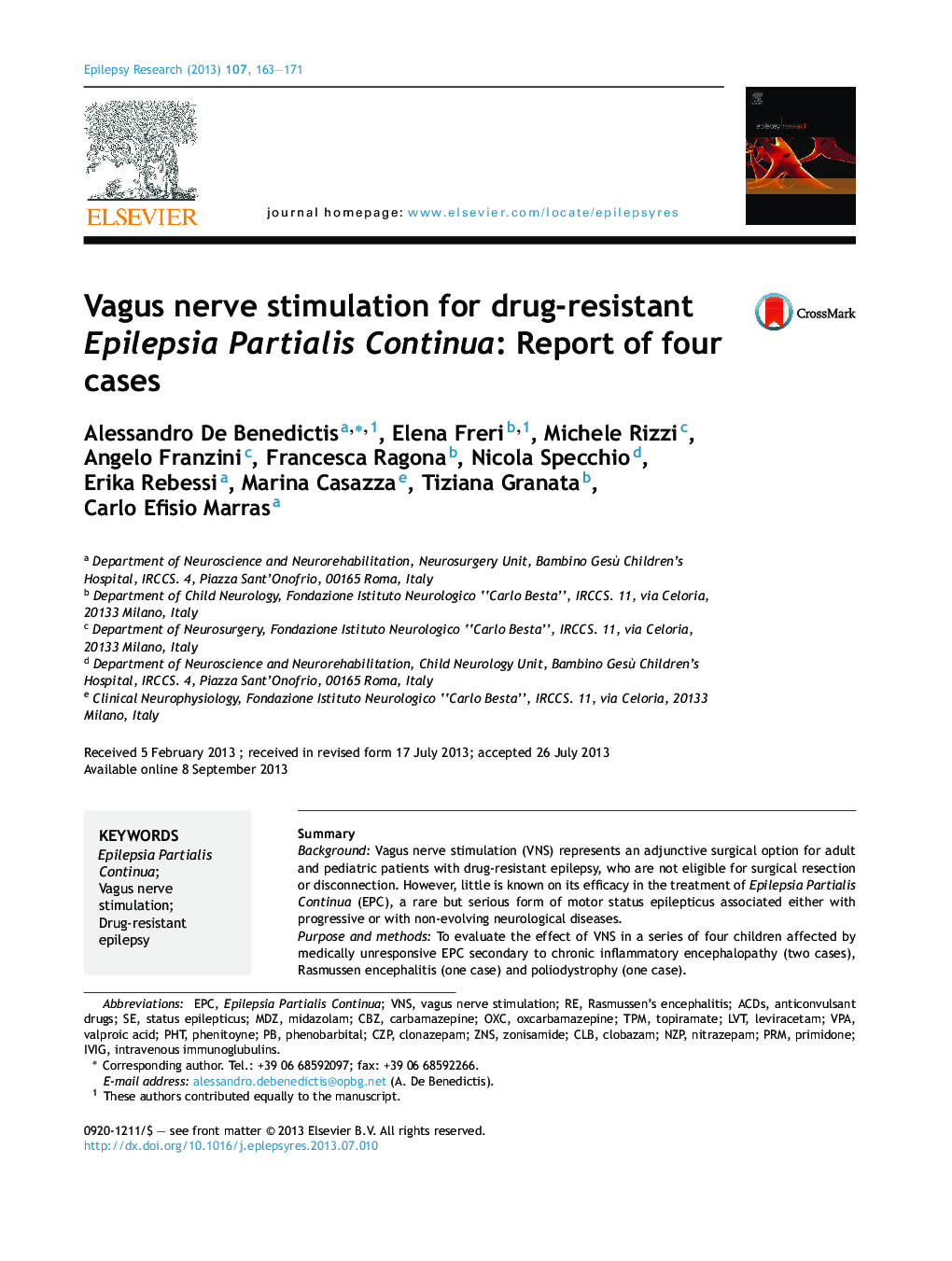 Vagus nerve stimulation for drug-resistant Epilepsia Partialis Continua: Report of four cases