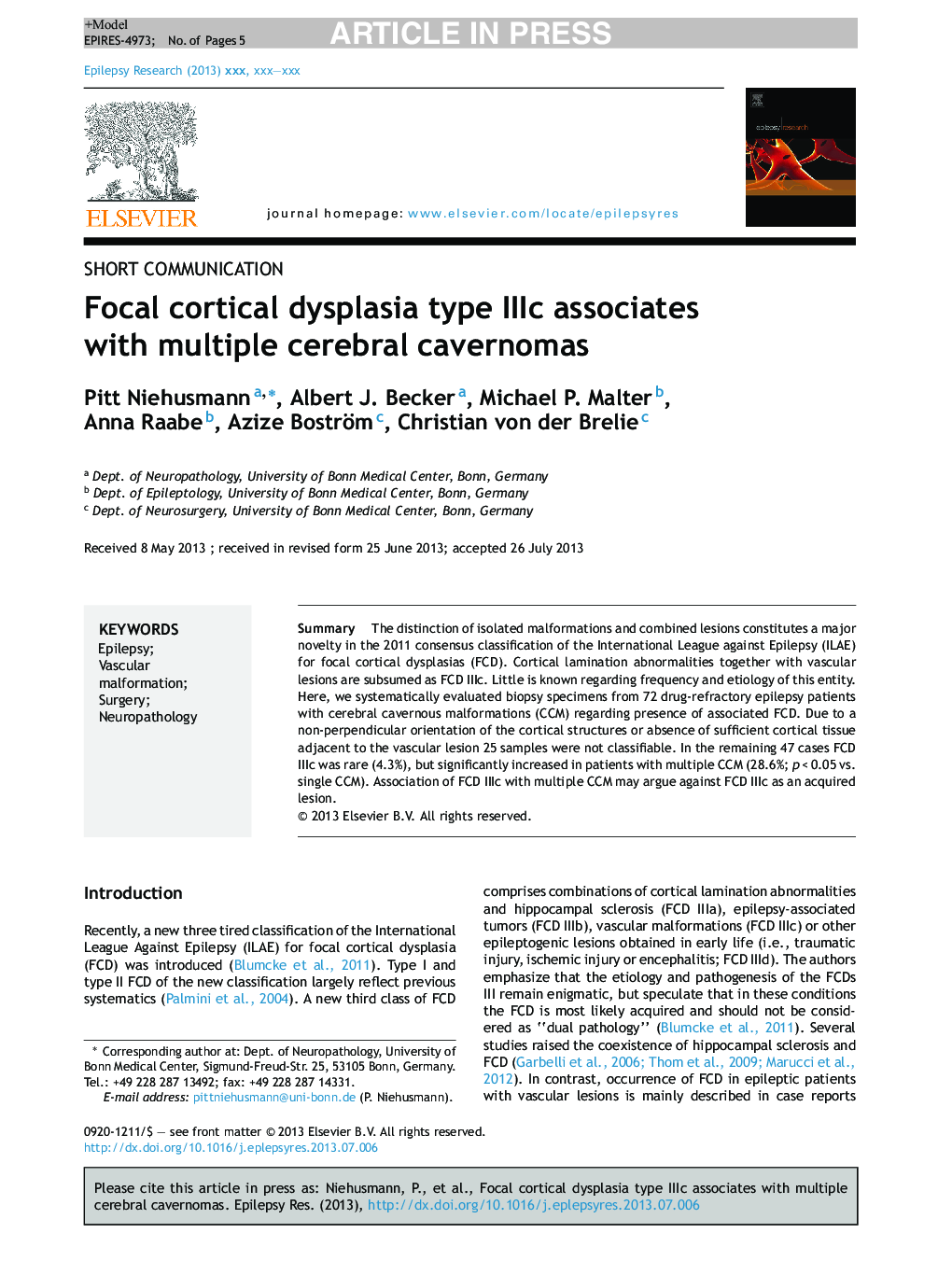 Focal cortical dysplasia type IIIc associates with multiple cerebral cavernomas