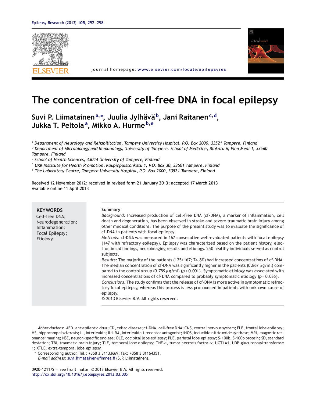 عکس صفحه اول مقاله: The concentration of cell-free DNA in focal epilepsy The concentration of cell-free DNA in focal epilepsy