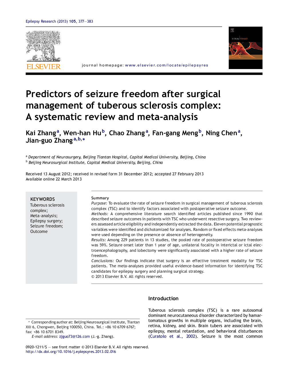 Predictors of seizure freedom after surgical management of tuberous sclerosis complex: A systematic review and meta-analysis