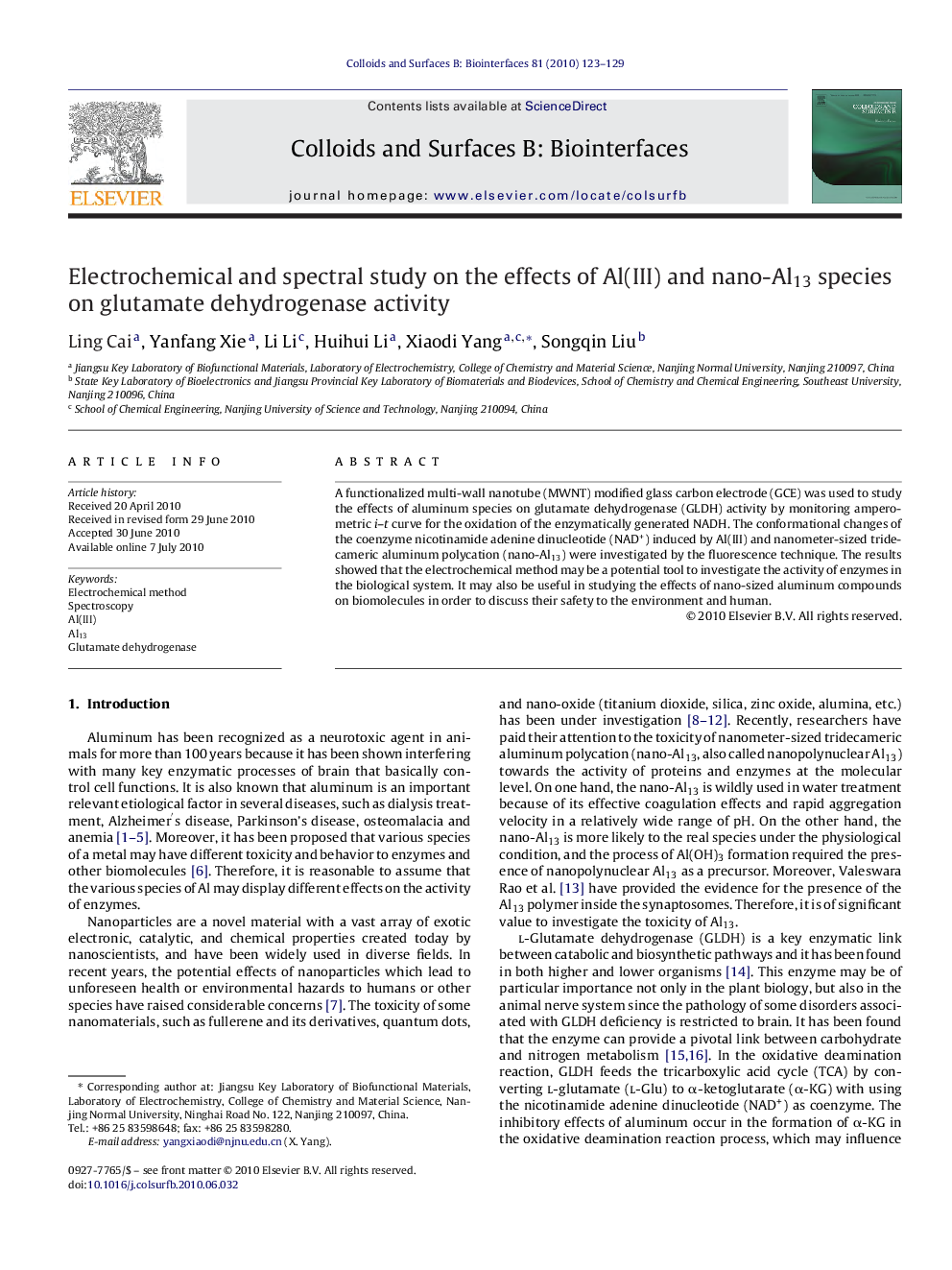 عکس صفحه اول مقاله: Electrochemical and spectral study on the effects of Al(III) and nano-Al13 species on glutamate dehydrogenase activity Electrochemical and spectral study on the effects of Al(III) and nano-Al13 species on glutamate dehydrogenase activity