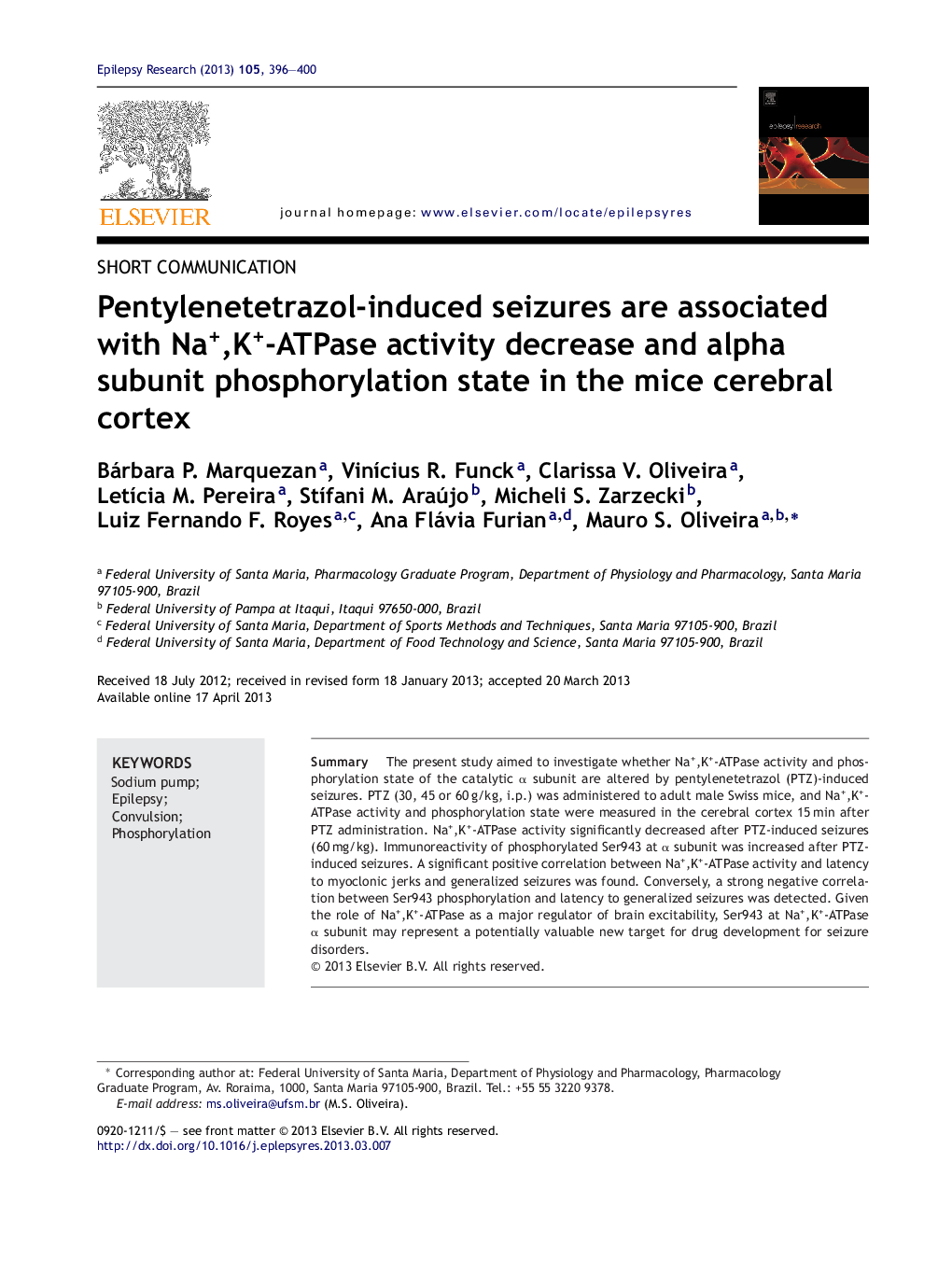 Pentylenetetrazol-induced seizures are associated with Na+,K+-ATPase activity decrease and alpha subunit phosphorylation state in the mice cerebral cortex