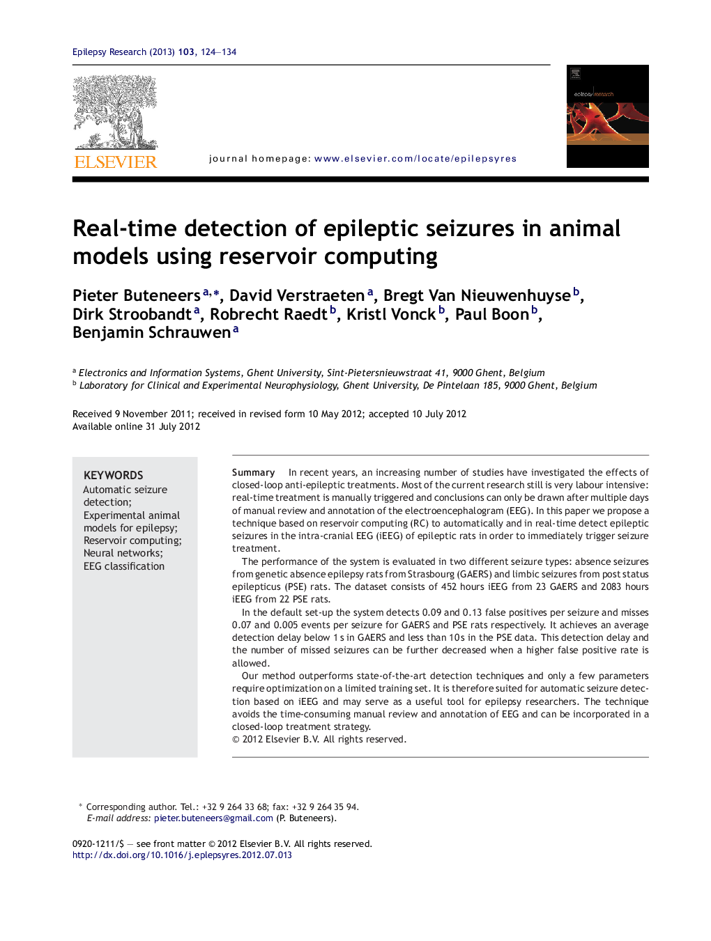 Real-time detection of epileptic seizures in animal models using reservoir computing