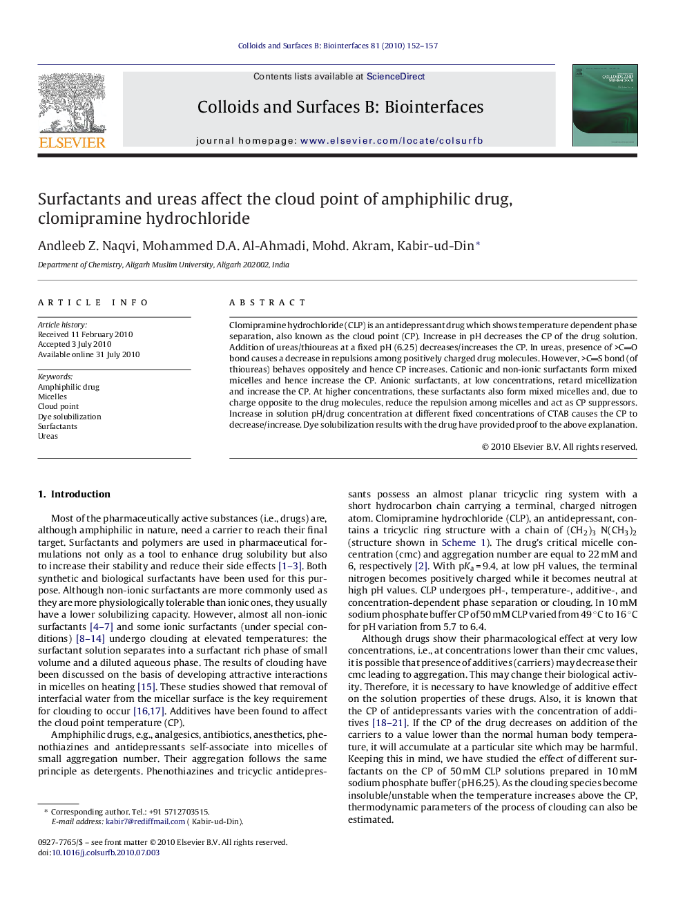 Surfactants and ureas affect the cloud point of amphiphilic drug, clomipramine hydrochloride