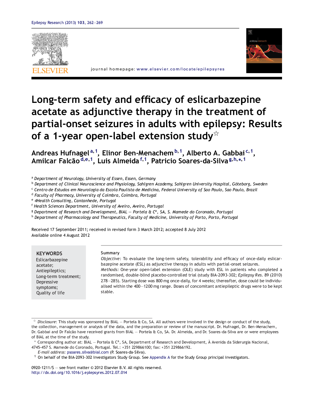 Long-term safety and efficacy of eslicarbazepine acetate as adjunctive therapy in the treatment of partial-onset seizures in adults with epilepsy: Results of a 1-year open-label extension study