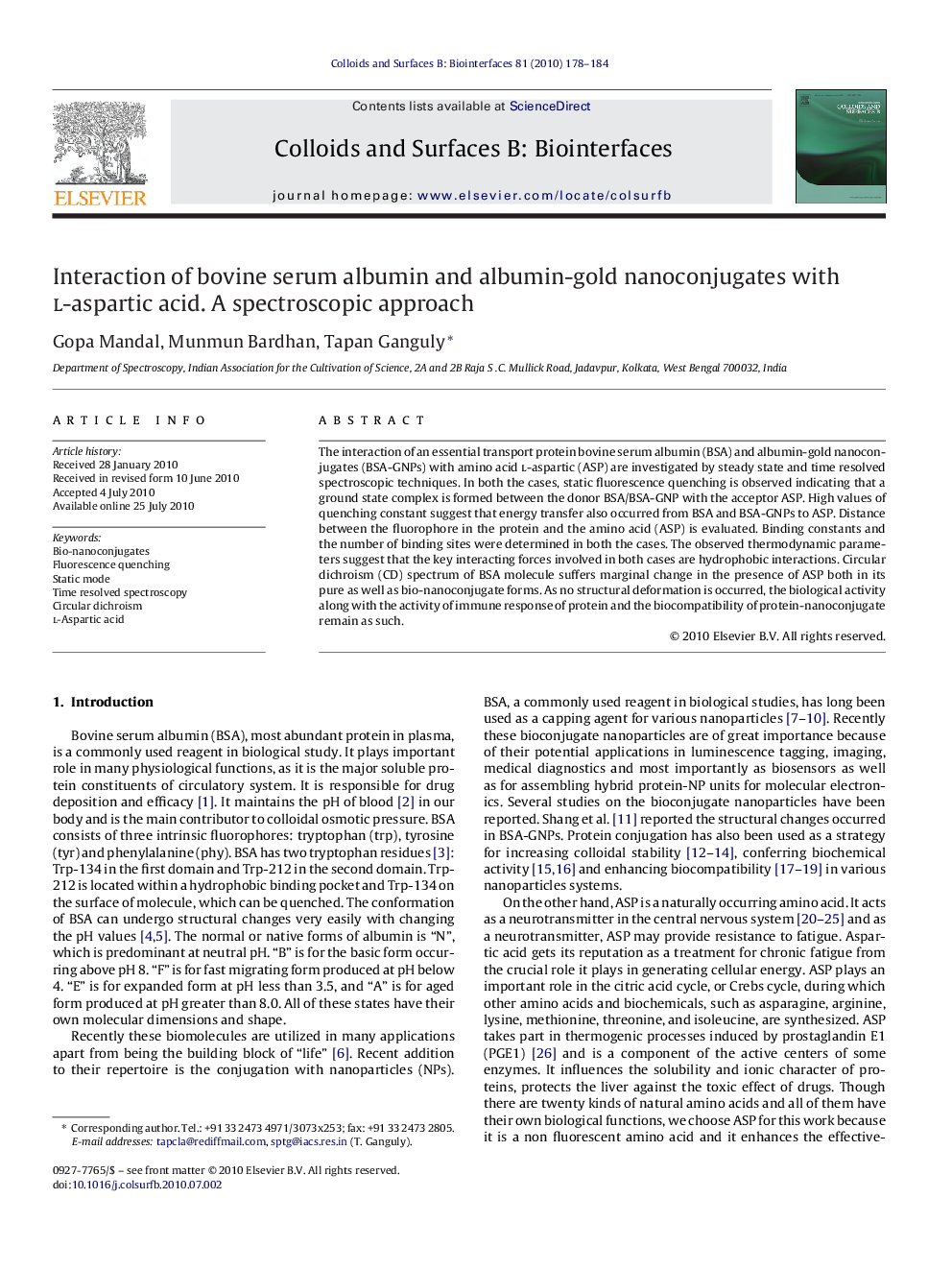 Interaction of bovine serum albumin and albumin-gold nanoconjugates with l-aspartic acid. A spectroscopic approach