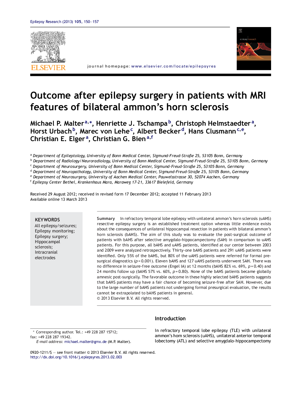 Outcome after epilepsy surgery in patients with MRI features of bilateral ammon's horn sclerosis