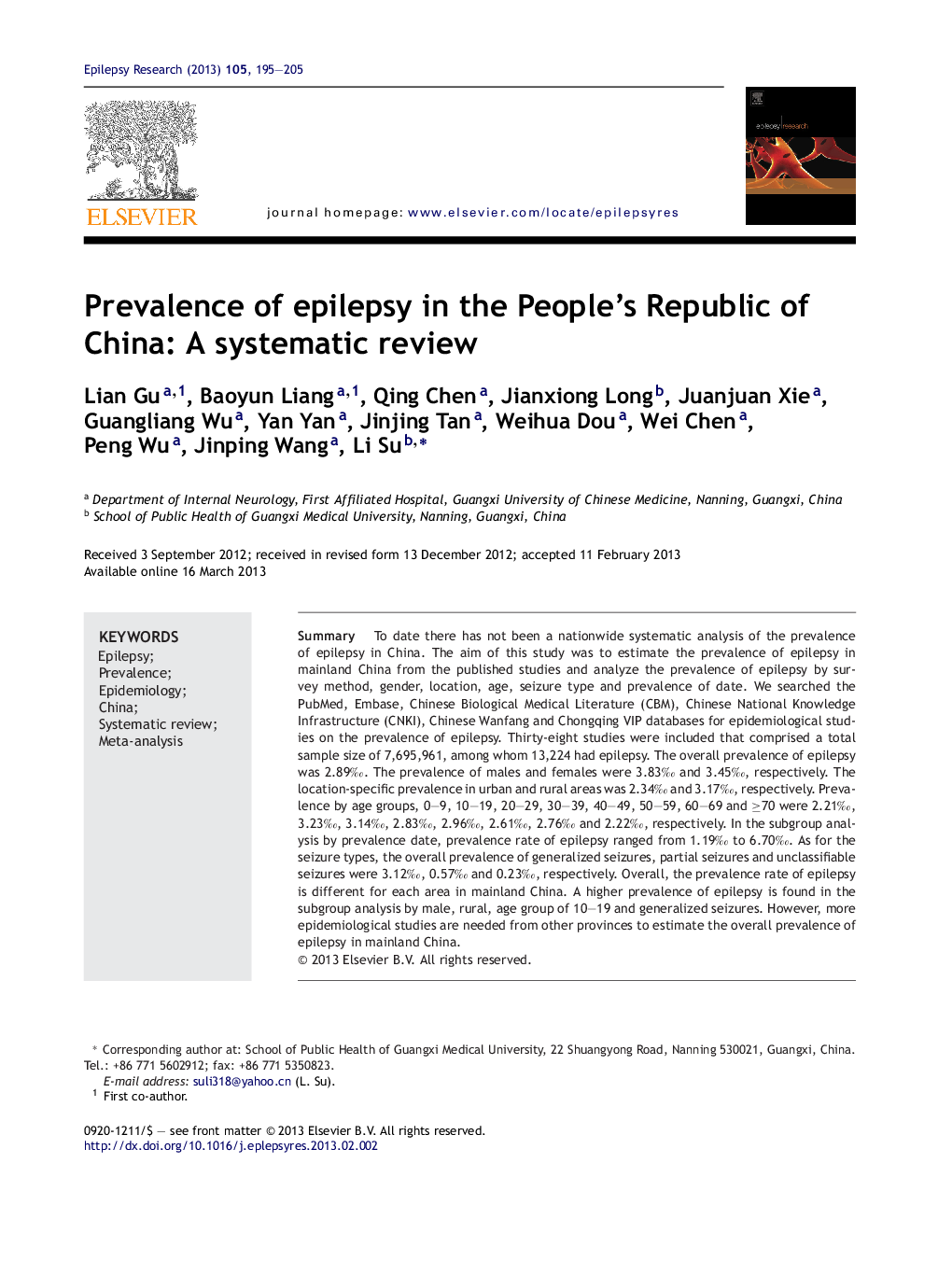 Prevalence of epilepsy in the People's Republic of China: A systematic review