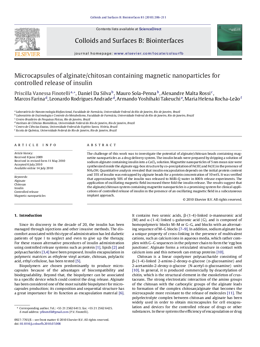 Microcapsules of alginate/chitosan containing magnetic nanoparticles for controlled release of insulin