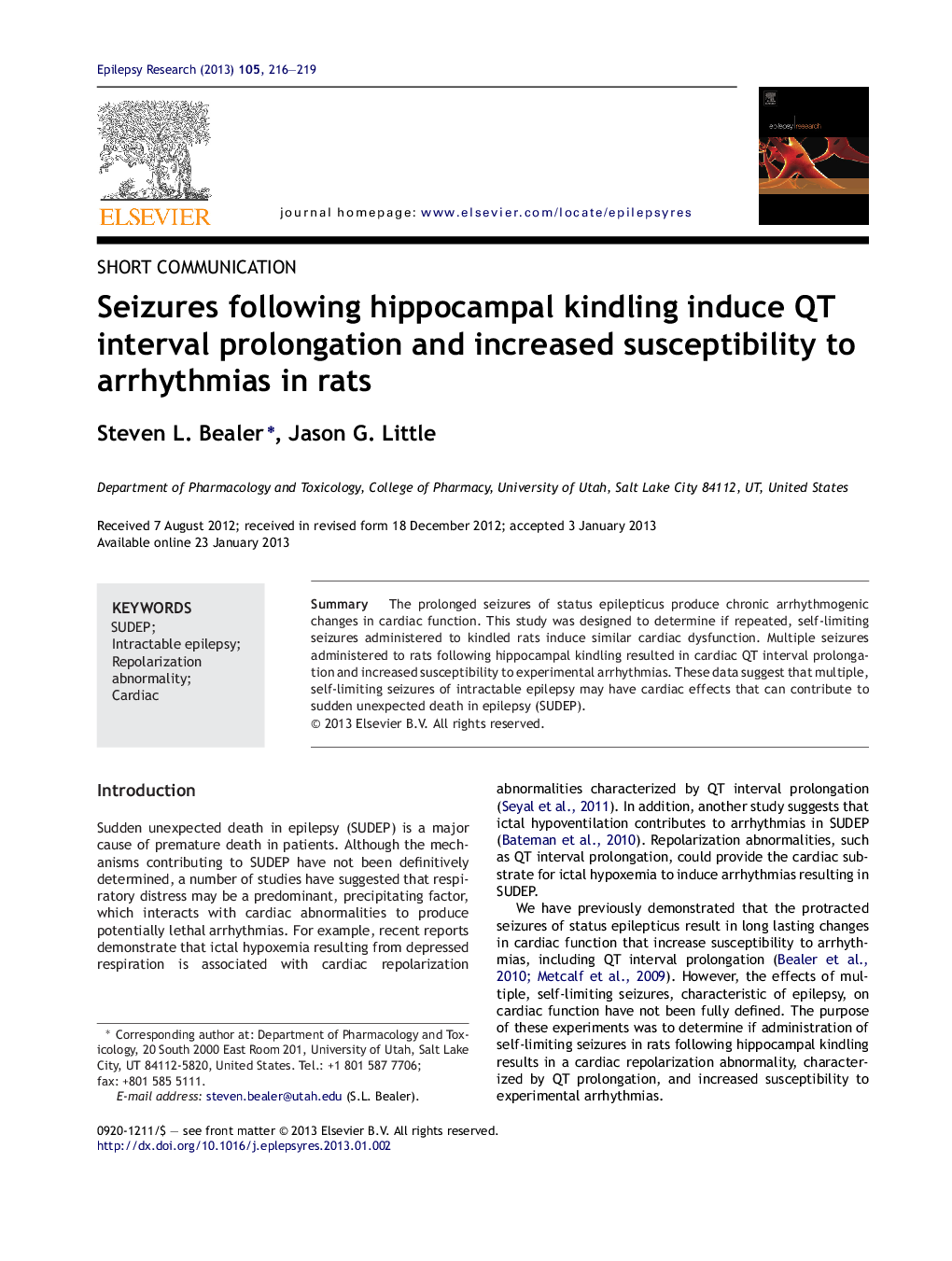 Seizures following hippocampal kindling induce QT interval prolongation and increased susceptibility to arrhythmias in rats