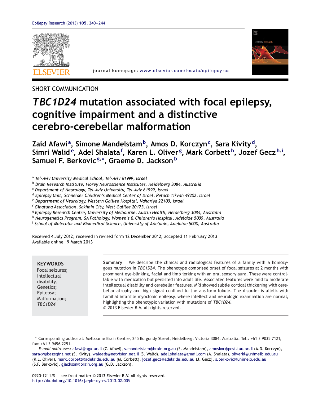 TBC1D24 mutation associated with focal epilepsy, cognitive impairment and a distinctive cerebro-cerebellar malformation