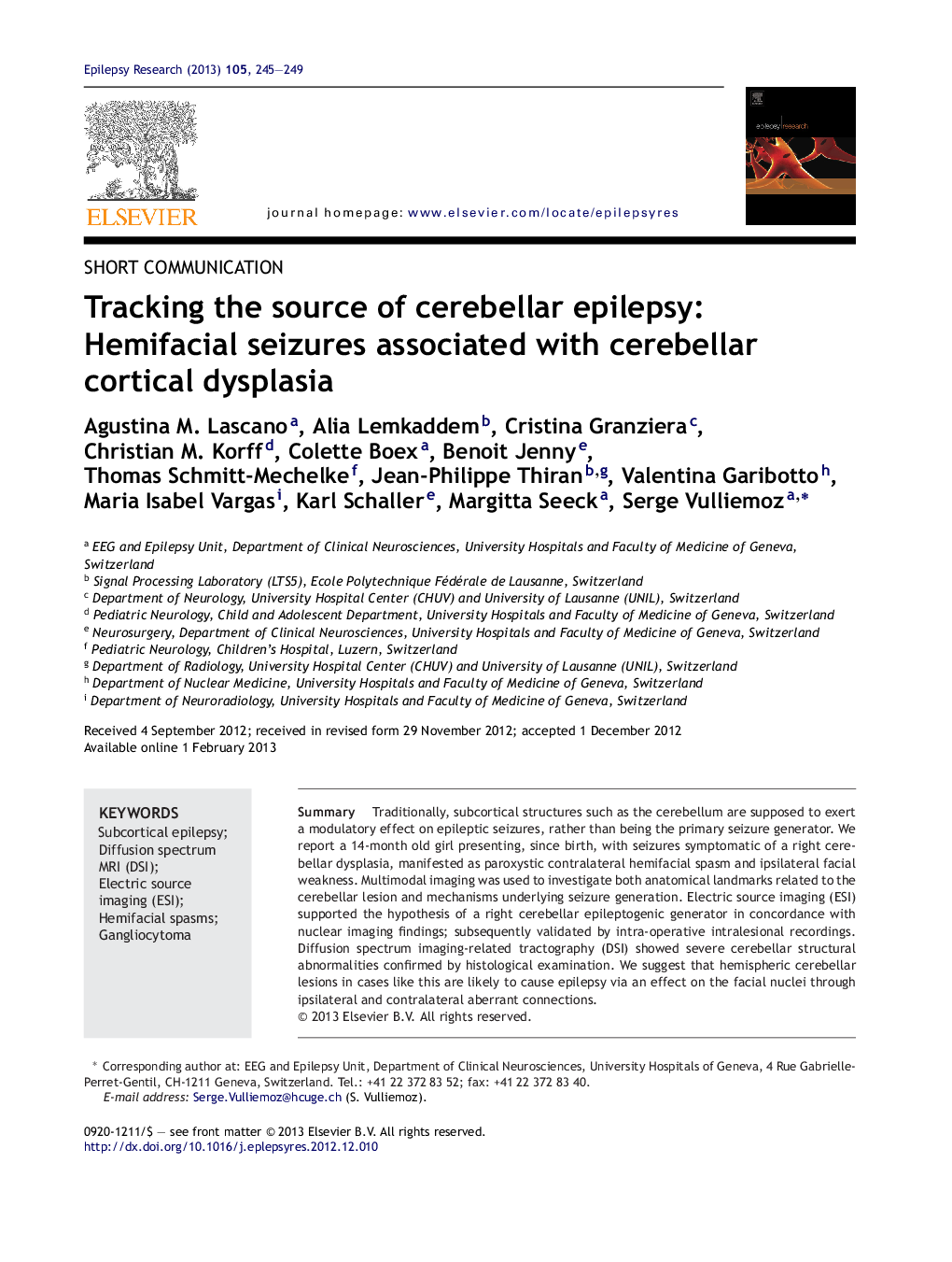 Short communicationTracking the source of cerebellar epilepsy: Hemifacial seizures associated with cerebellar cortical dysplasia