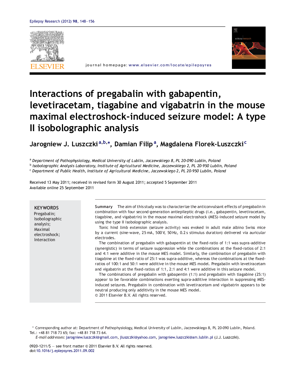 Interactions of pregabalin with gabapentin, levetiracetam, tiagabine and vigabatrin in the mouse maximal electroshock-induced seizure model: A type II isobolographic analysis