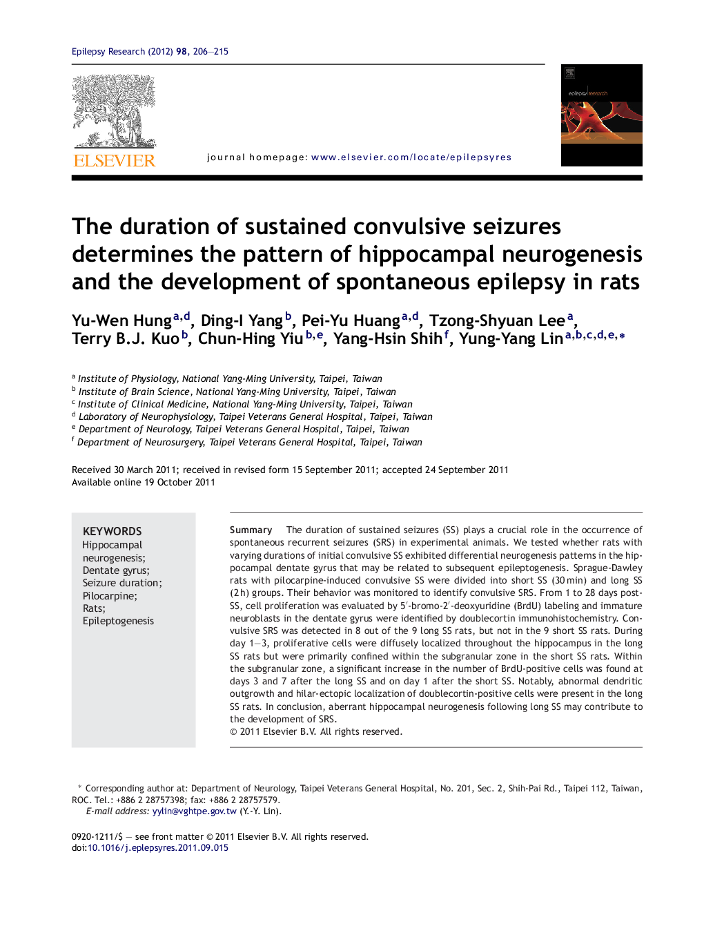 The duration of sustained convulsive seizures determines the pattern of hippocampal neurogenesis and the development of spontaneous epilepsy in rats