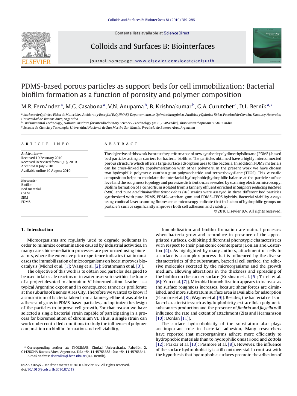 PDMS-based porous particles as support beds for cell immobilization: Bacterial biofilm formation as a function of porosity and polymer composition