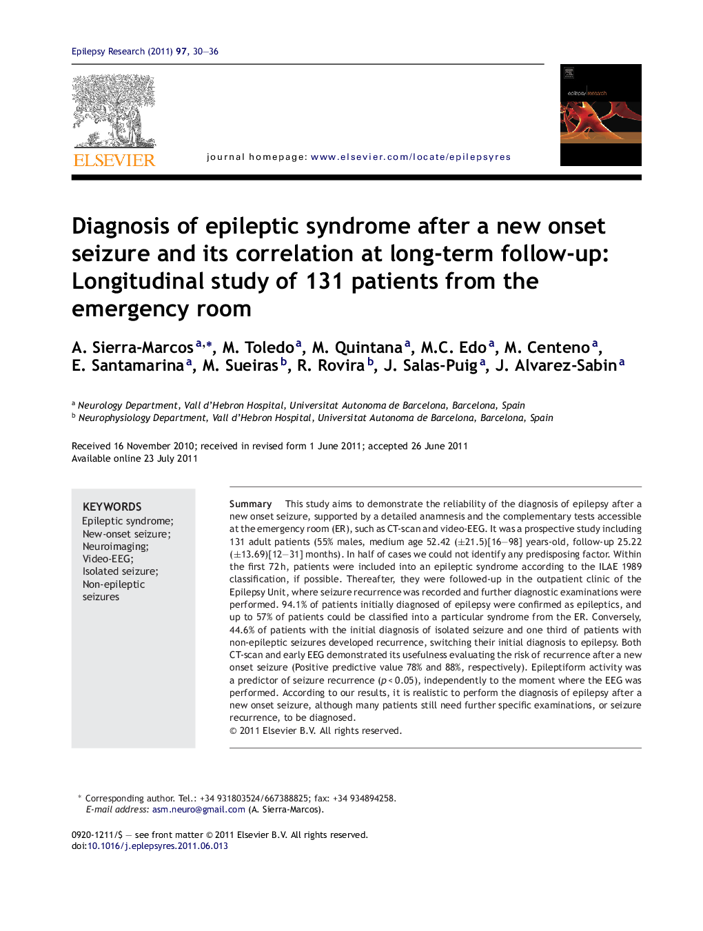 Diagnosis of epileptic syndrome after a new onset seizure and its correlation at long-term follow-up: Longitudinal study of 131 patients from the emergency room