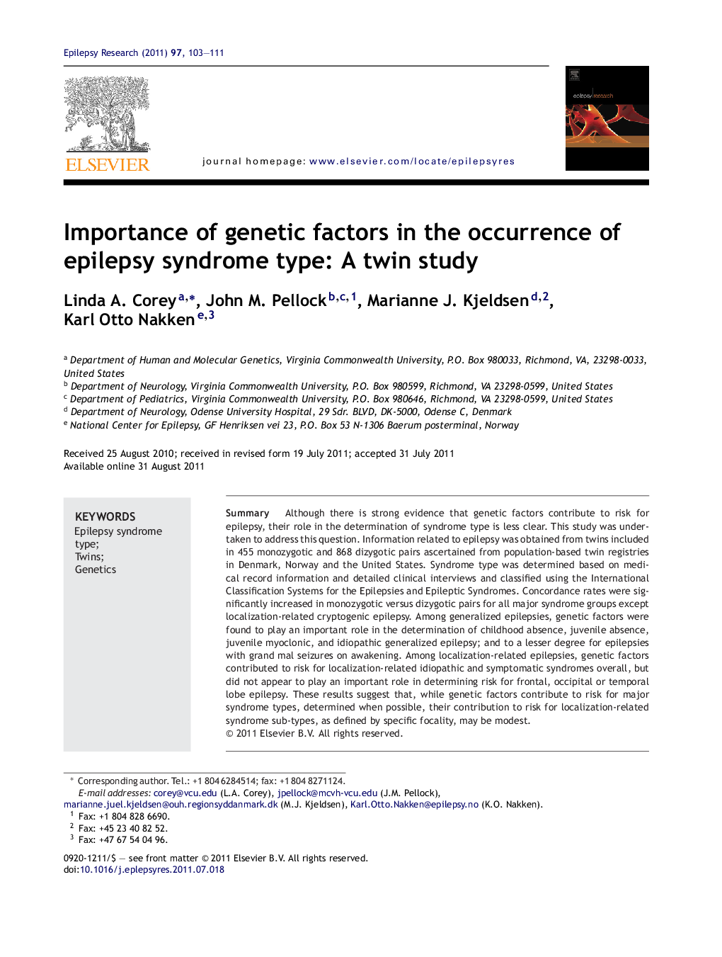 Importance of genetic factors in the occurrence of epilepsy syndrome type: A twin study