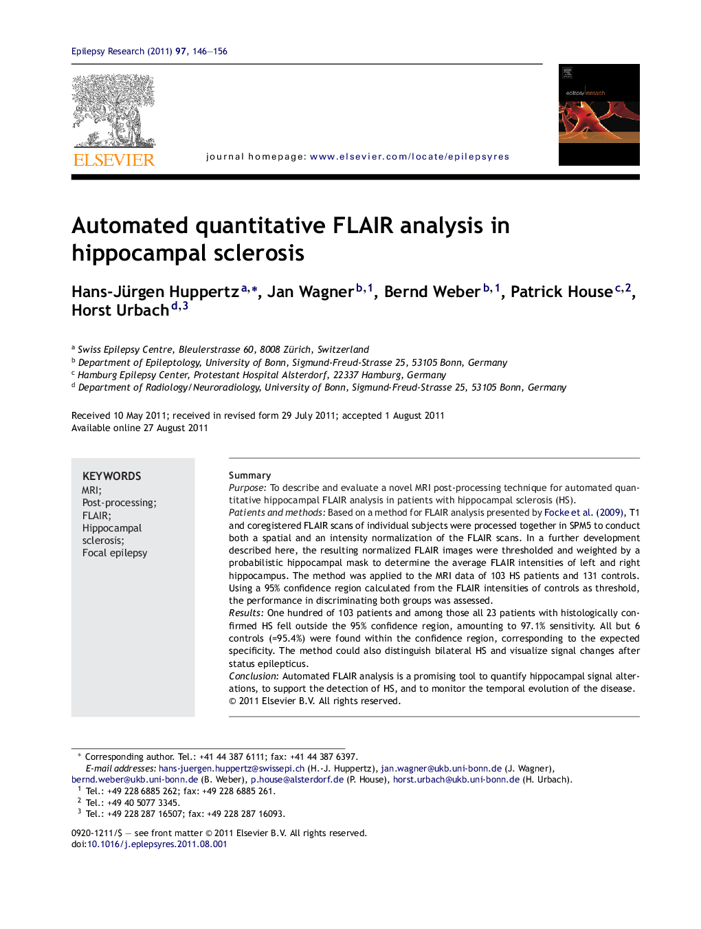 عکس صفحه اول مقاله: Automated quantitative FLAIR analysis in hippocampal sclerosis Automated quantitative FLAIR analysis in hippocampal sclerosis
