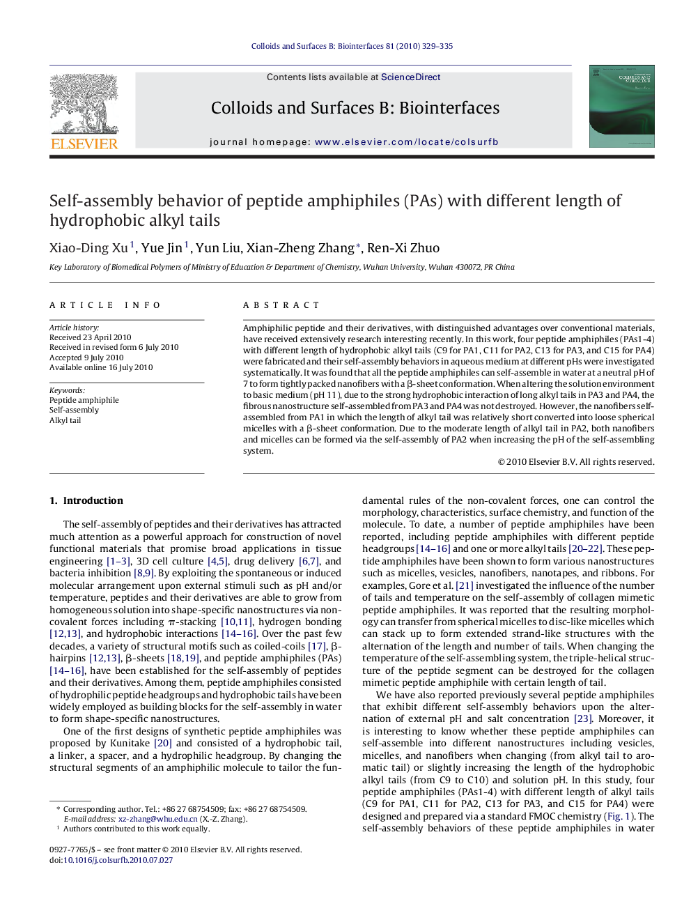 Self-assembly behavior of peptide amphiphiles (PAs) with different length of hydrophobic alkyl tails